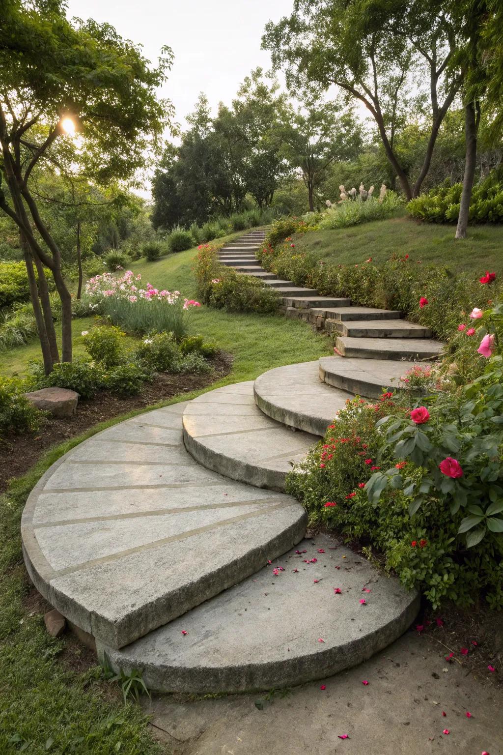 Rounded stone steps adding creativity to garden paths.