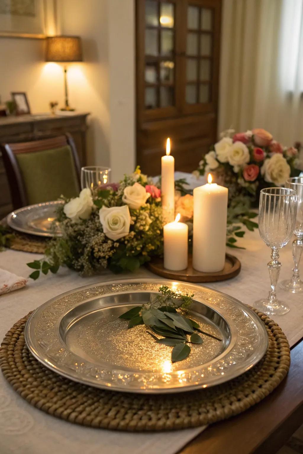 Glamorous shimmer using a metallic salver centerpiece base.