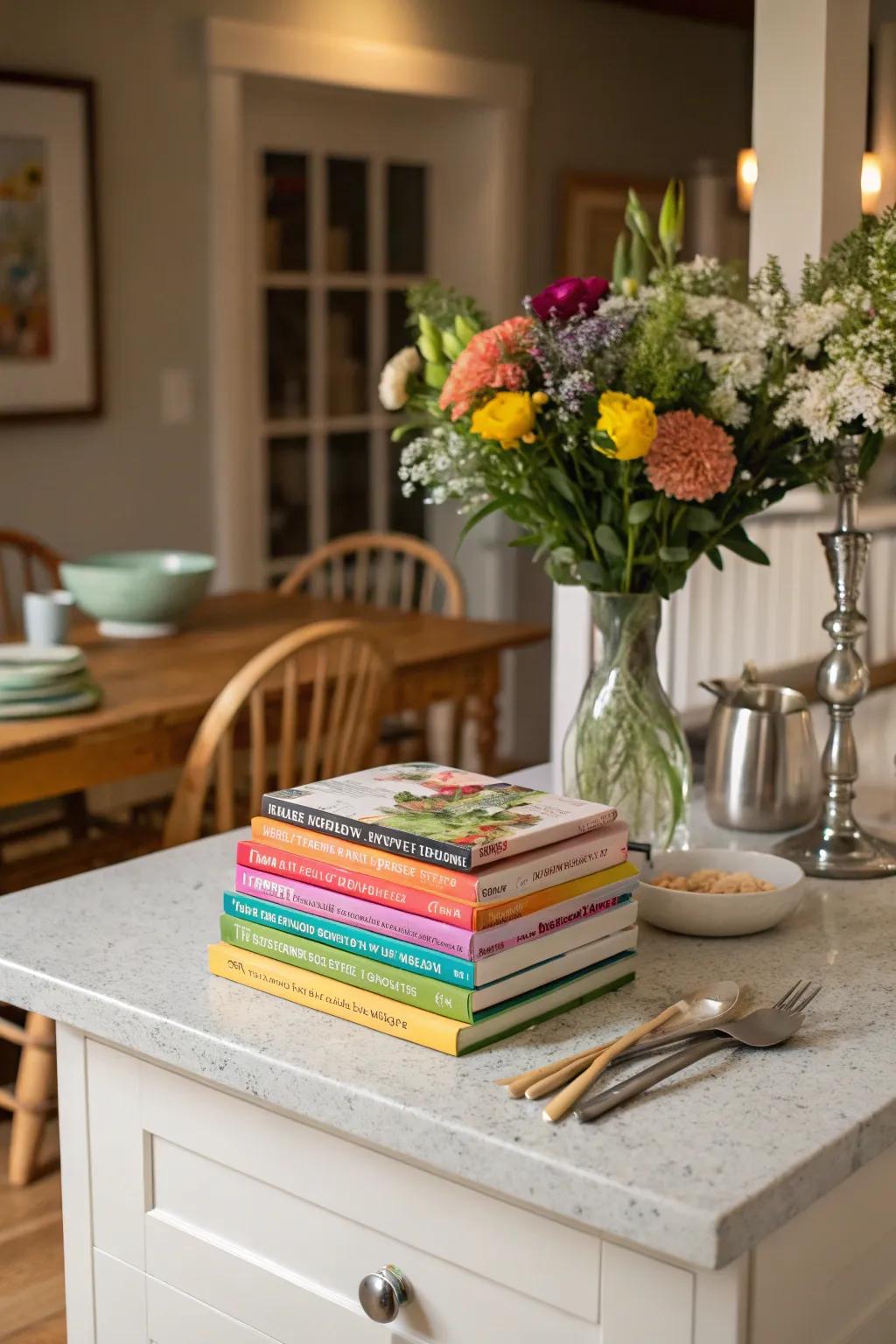 Showcase your culinary interests with a stack of cookbooks.