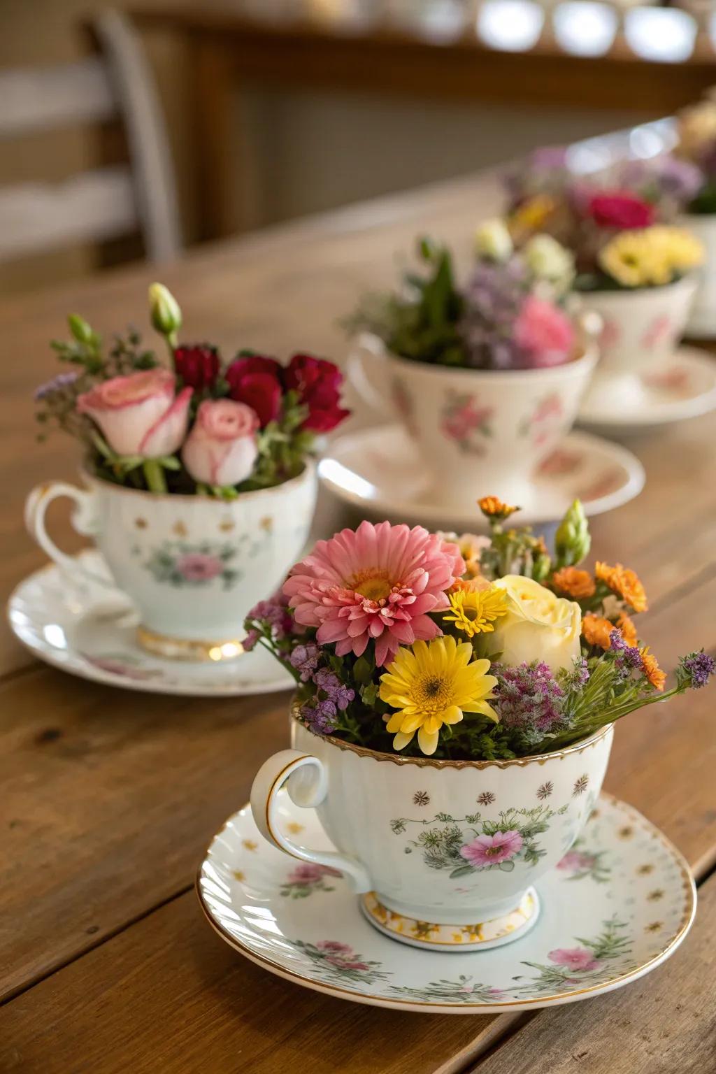 Classic teacups overflowing with delicate flowers.