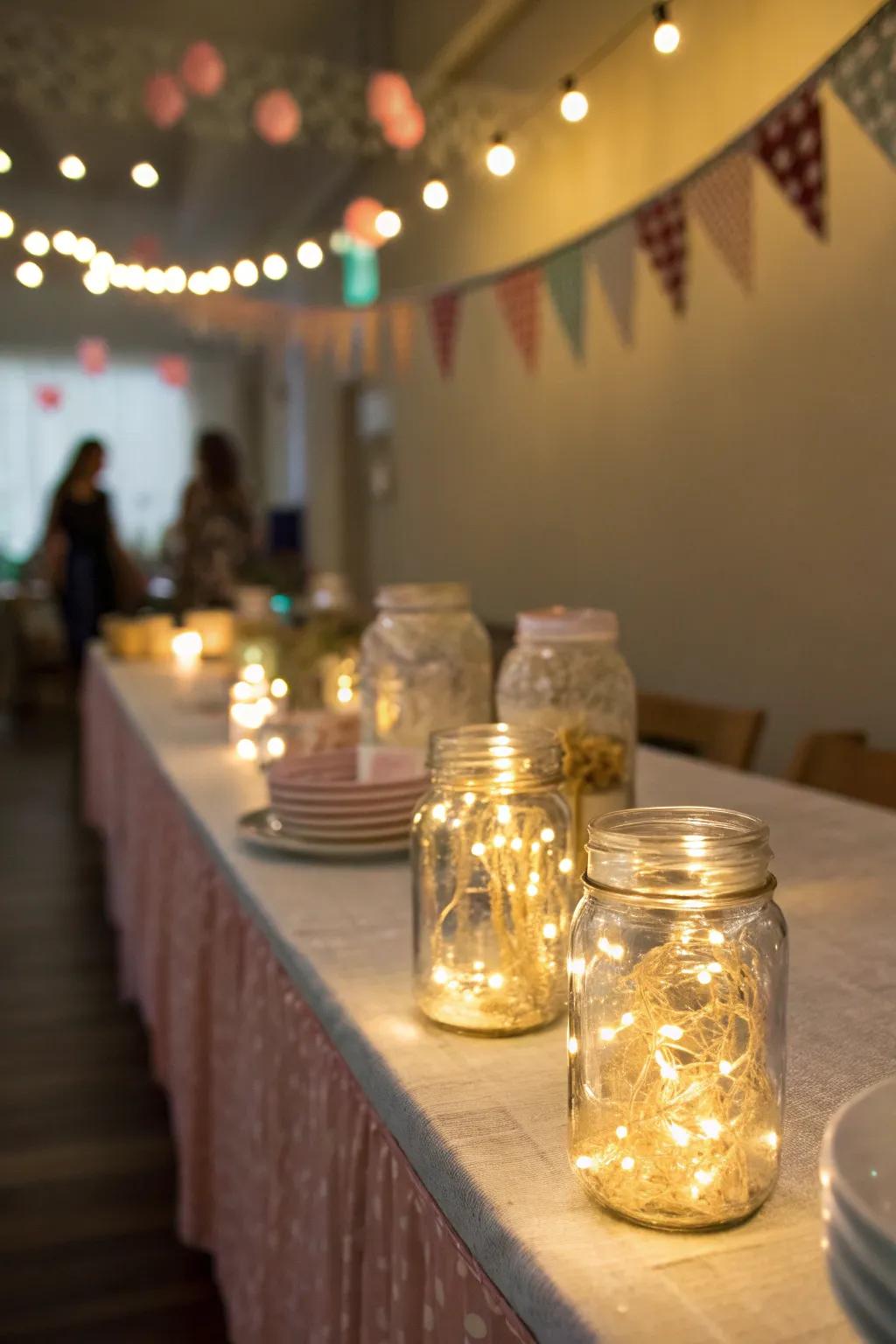 Pixie lights in preserving jars create a magical atmosphere.