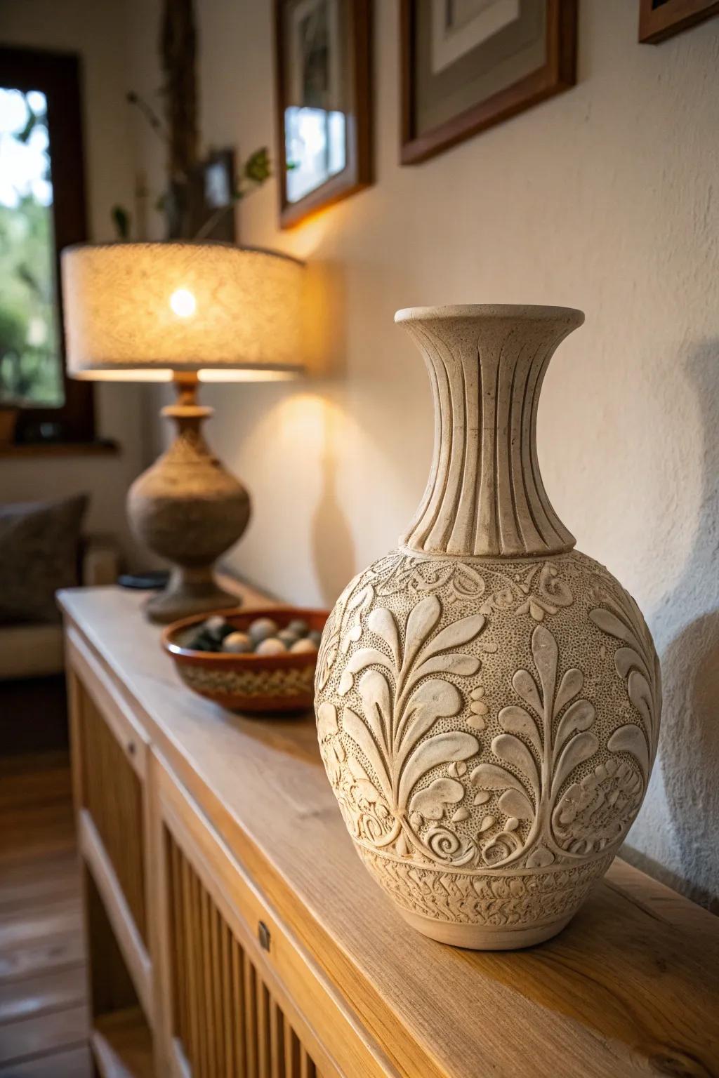 A textured ceramic vase adds depth and interest to the decor.