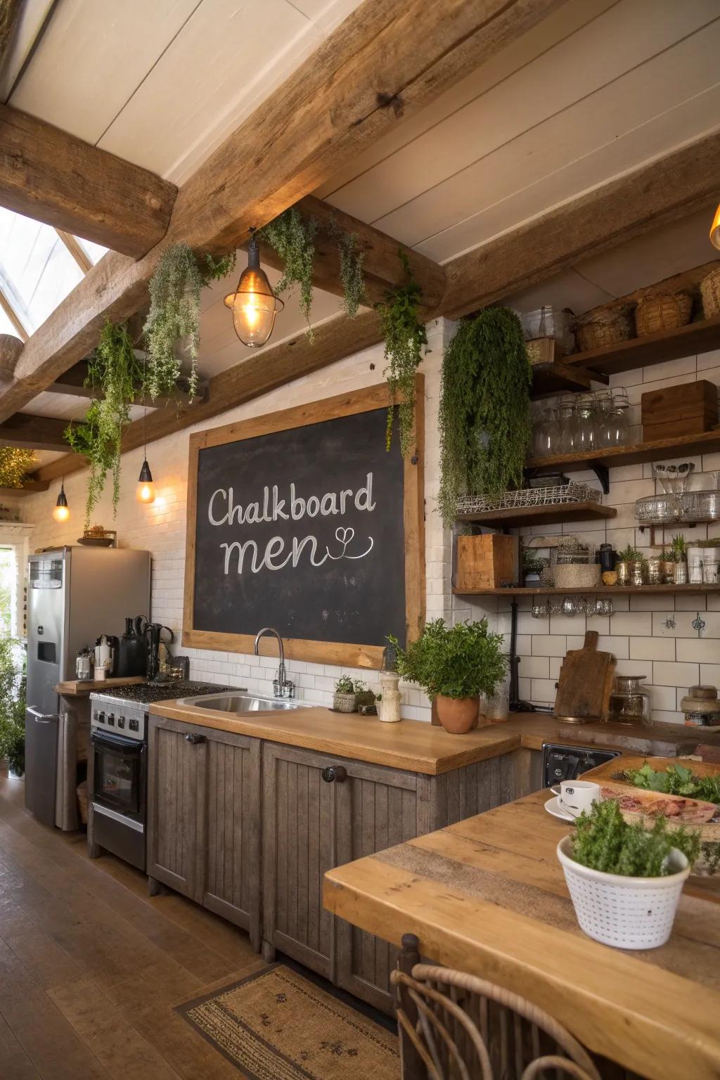 A country kitchen setting where a chalkboard menu enhances the cozy atmosphere.