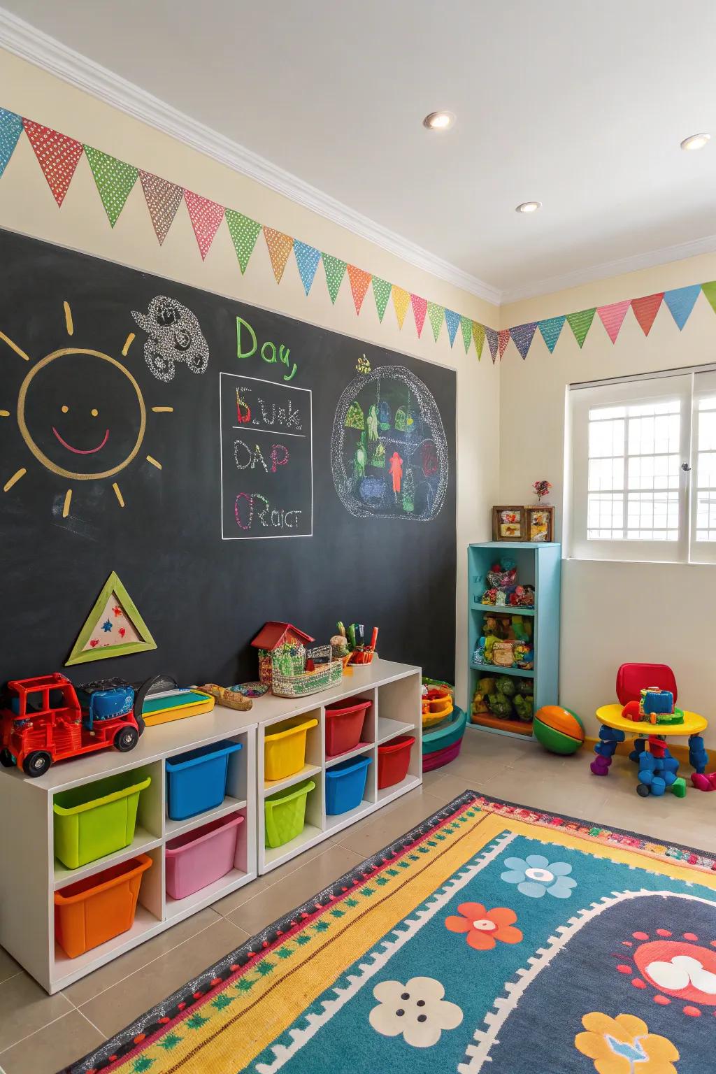 Vibrant borders make the chalkboard wall stand out.