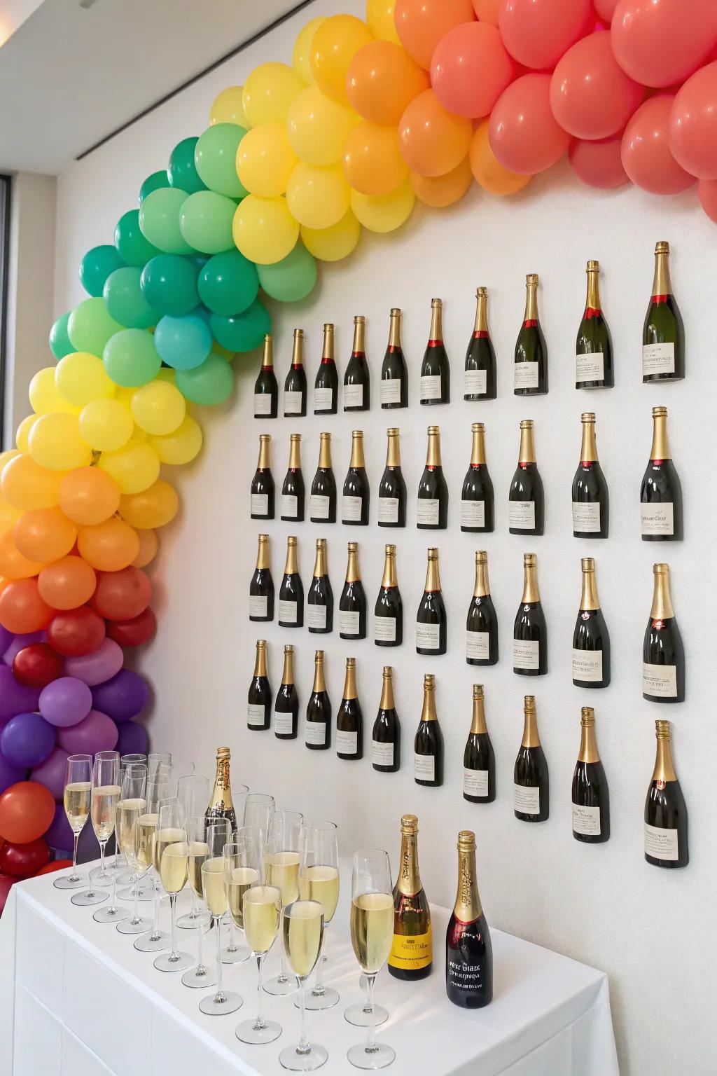 A spirited sparkling wine station featuring a balloon garland.