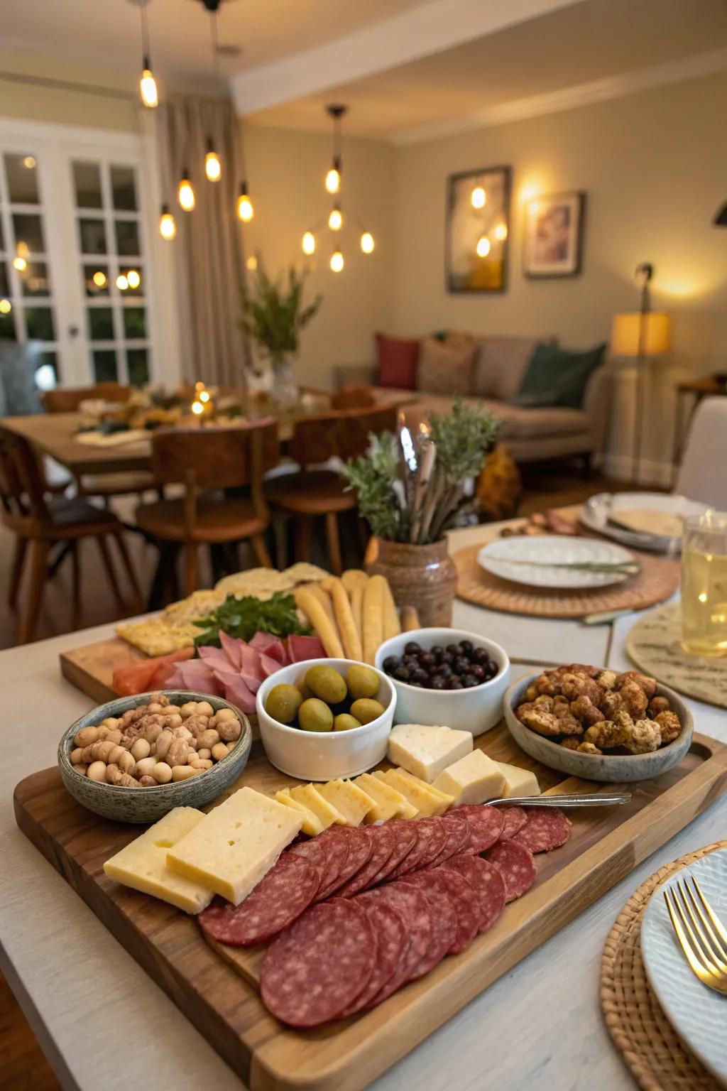 Interactive treats with cured olives and mixed nuts.