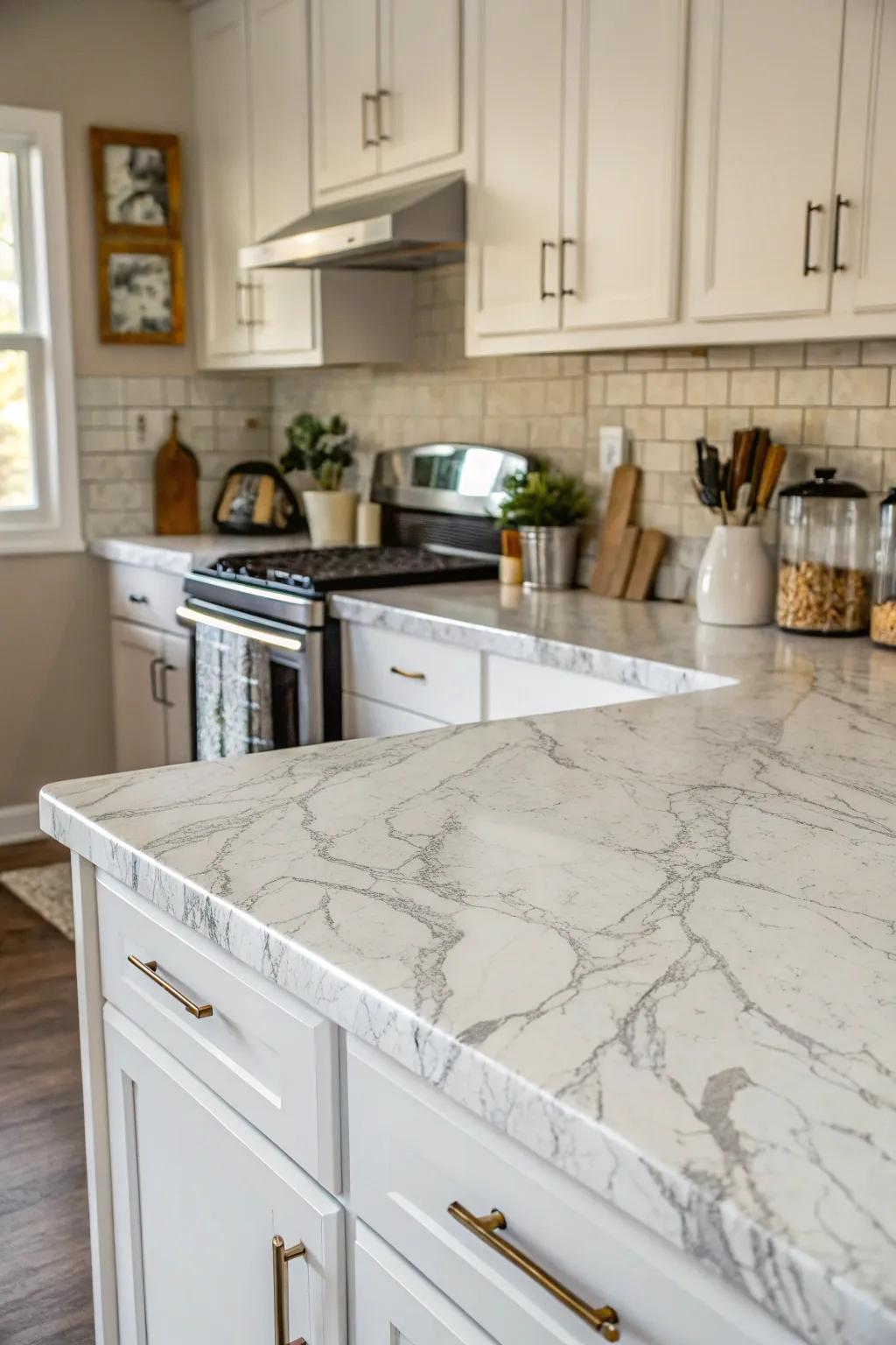 Elegant kitchen with adhesive film-covered worktops.