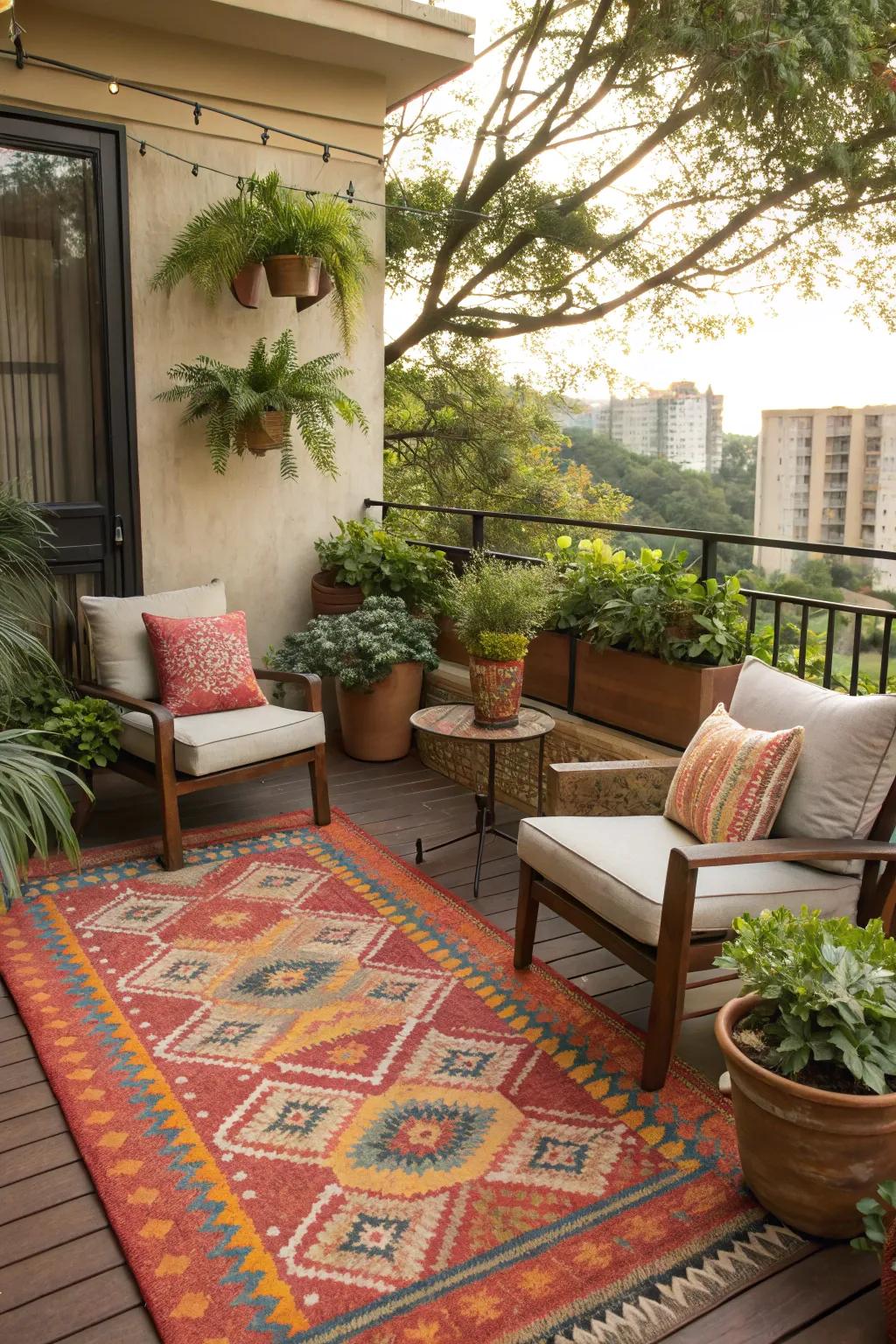 Outdoor rugs adding comfort and color to your patio.