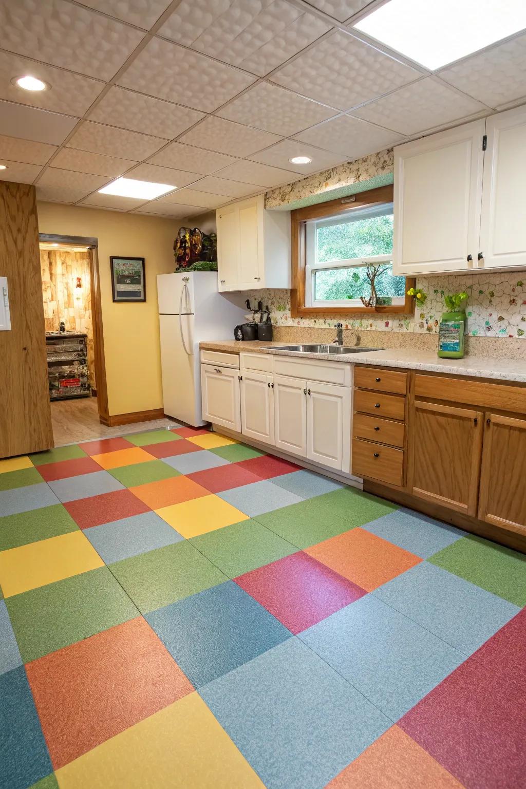 Sheet vinyl provides a vibrant and water-resistant option for basement kitchens.