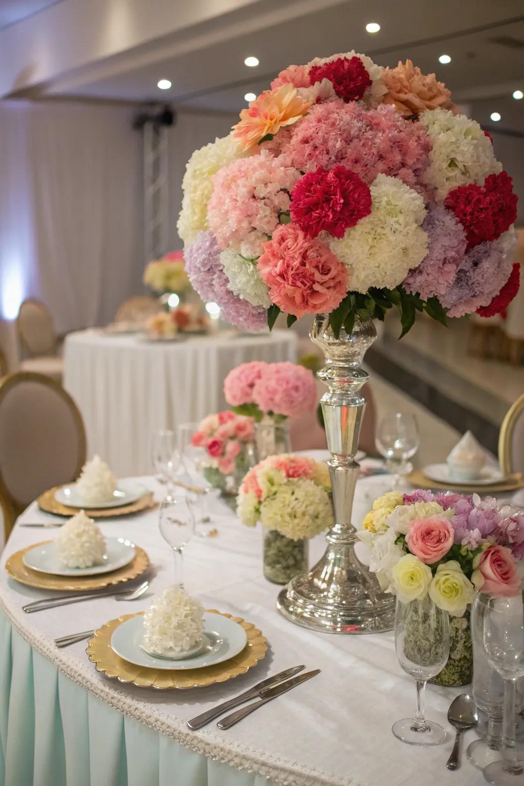 Carnations contributing beauty and affordability to a wedding table design.