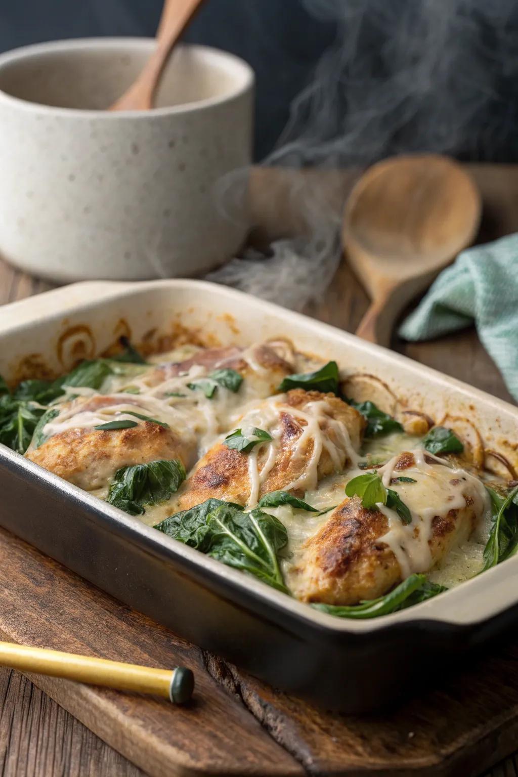Baked poultry with greens and cheese, a cozy delight.