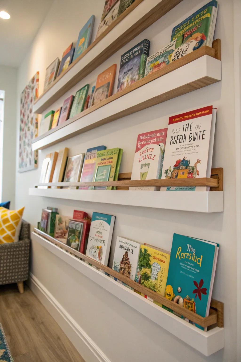 Wall-mounted bookshelves encourage reading and organization.