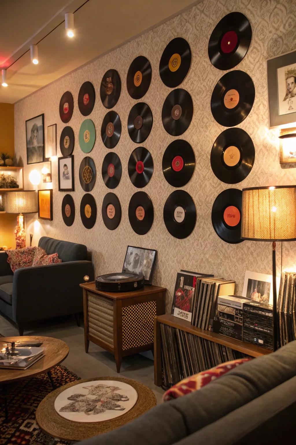 Discs delivering a vintage accent to the room's design.