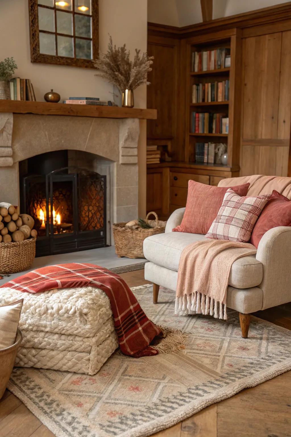 Fabrics surrounding the fireplace create a welcoming, cozy retreat.