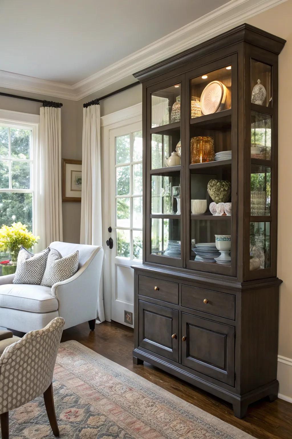 Strategically positioned display case for optimal function.