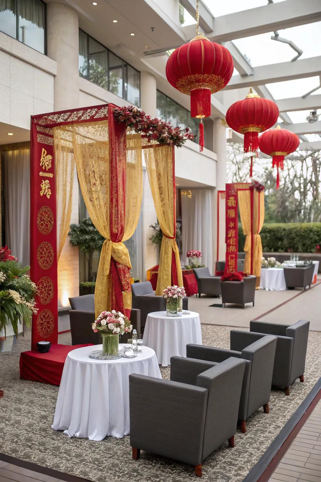 A concordant fusion of modernistic and conventional wedding ornamentation.