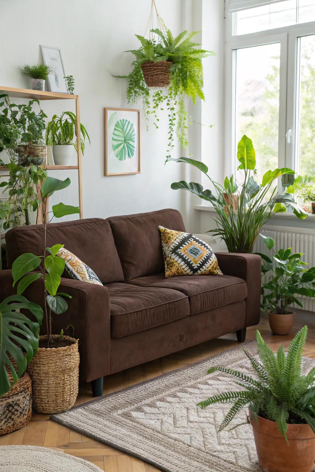 Organic accents like greenery add freshness to a cocoa sofa setting.
