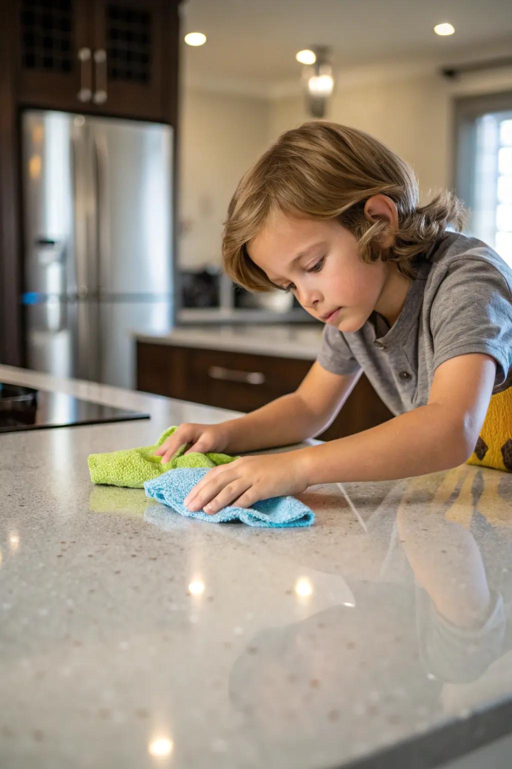A child cleans various surfaces and learns about proper hygiene.