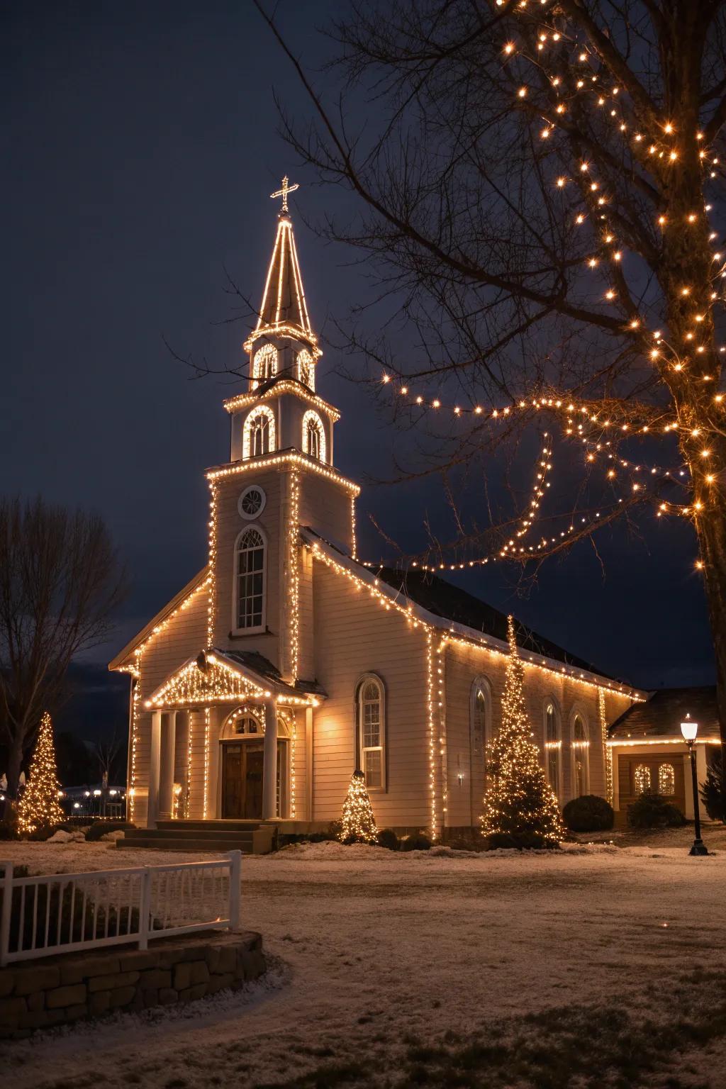 Twinkling lights highlight the church's architectural beauty.