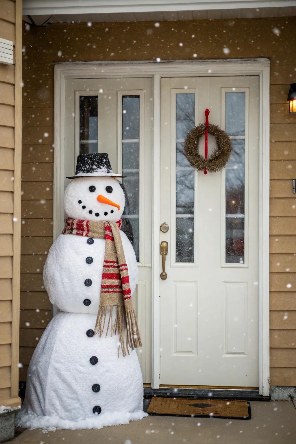 A jolly snowman brings smiles to passersby.