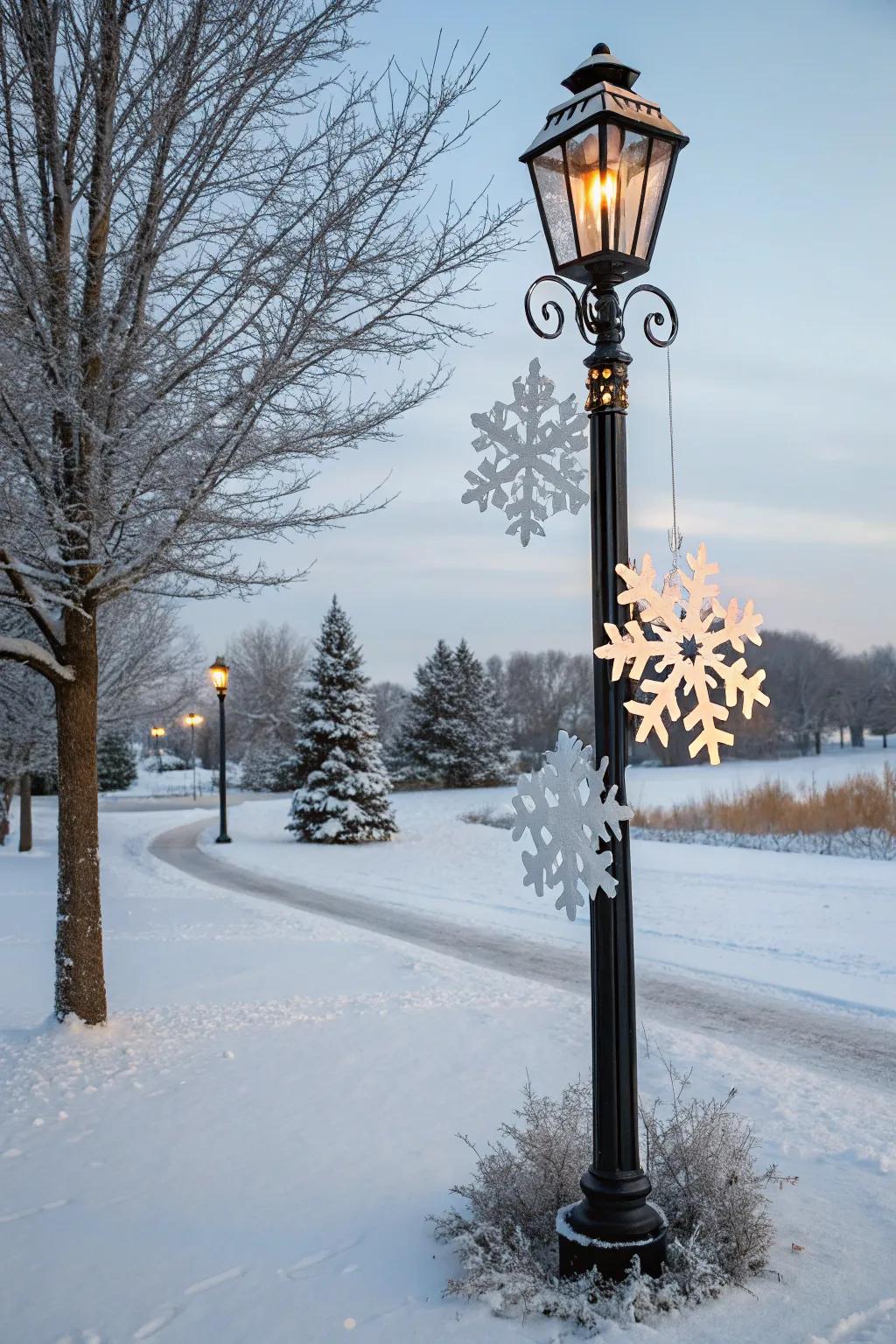 Handcrafted snowflakes design a winter wonderland around a lamp post.