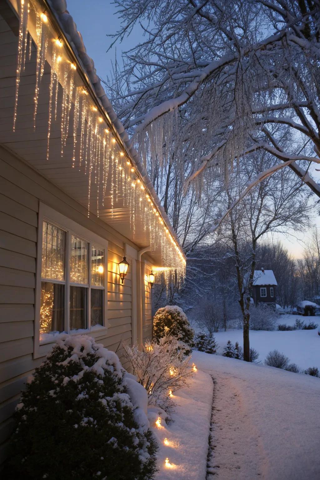 Ice lights adding a touch of elegance to a home's exterior.