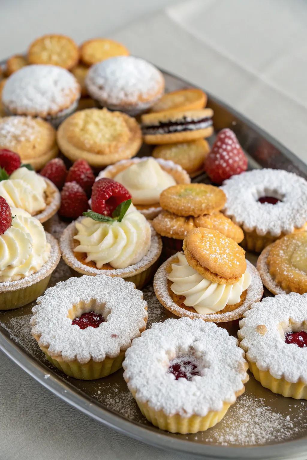 Assortment of mini confections and cookies for a sugary indulgence.