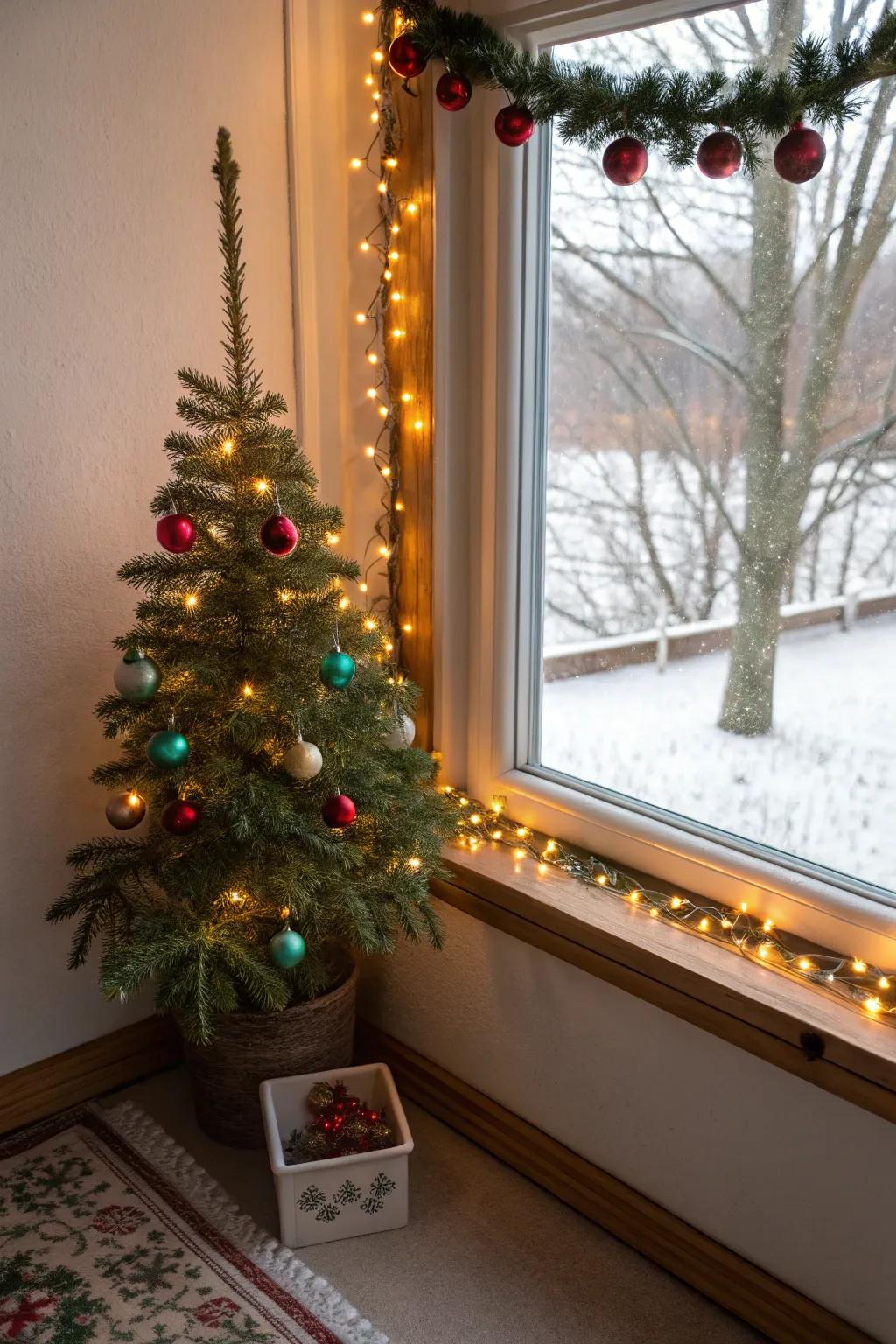 A diminutive Yuletide fir incorporates a traditional element to the window showcase.