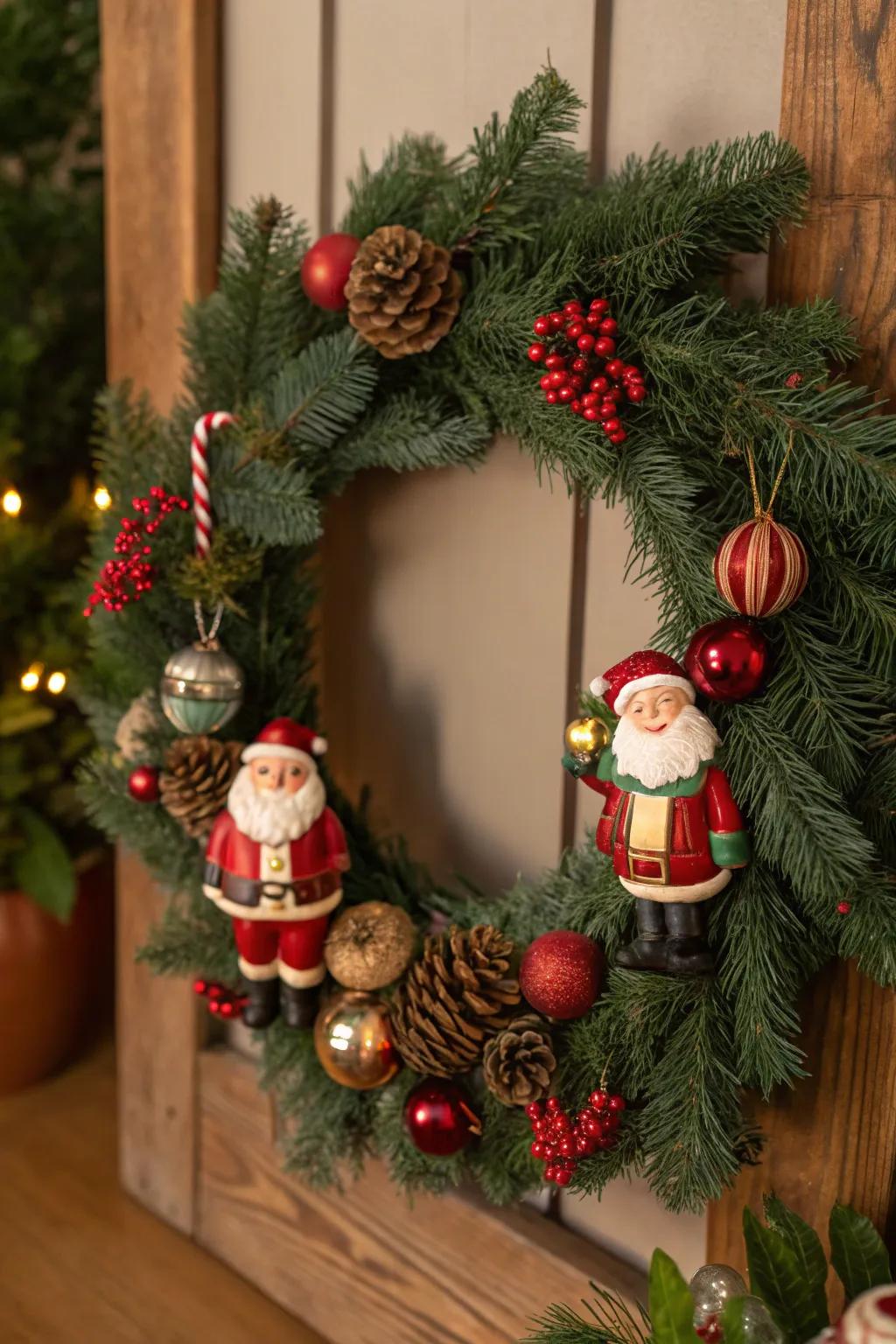 A nostalgic wreath featuring vintage Santa figurines and retro ornaments.