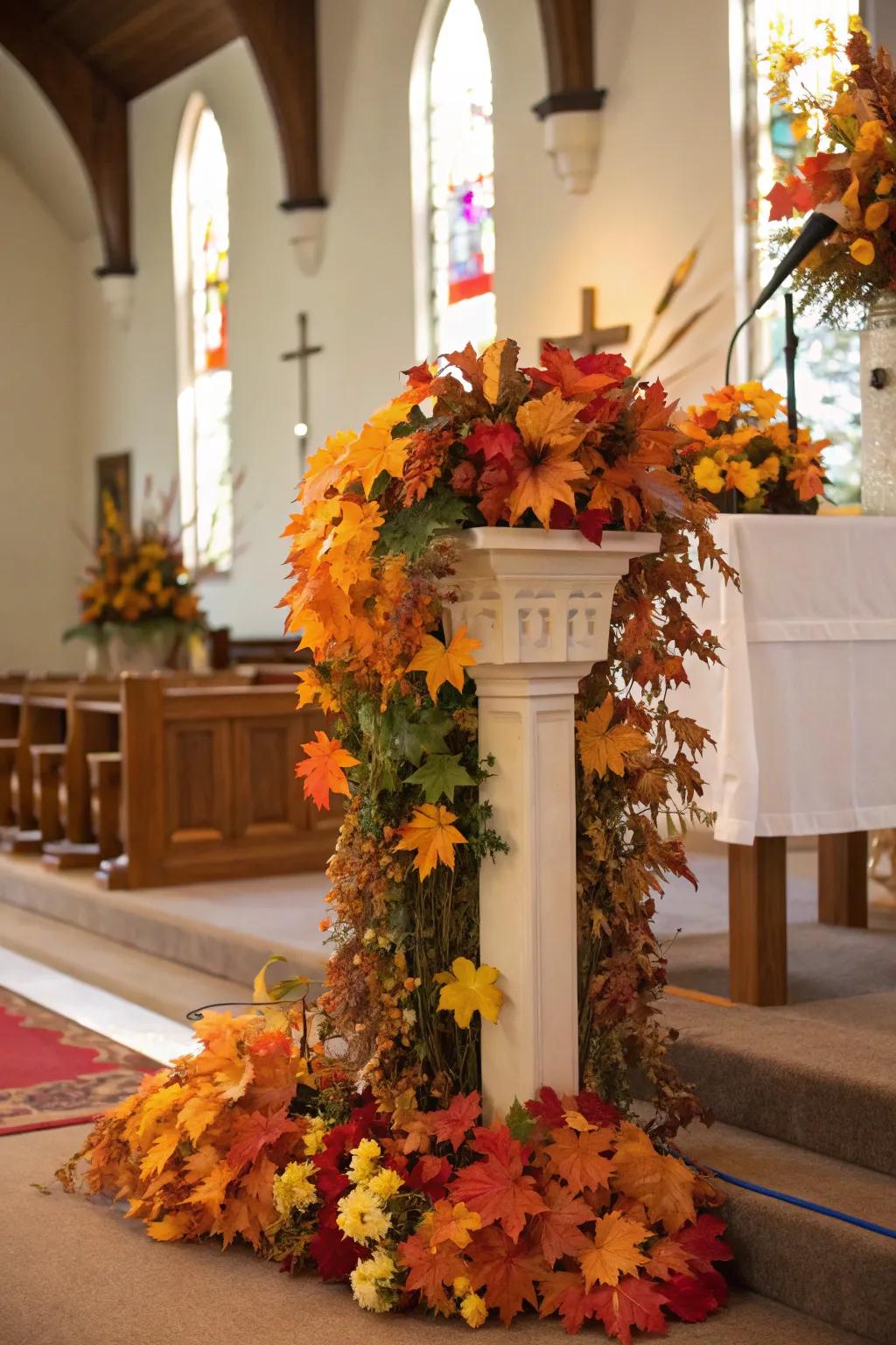 An altar beautifully decorated with seasonal elements like autumn leaves.