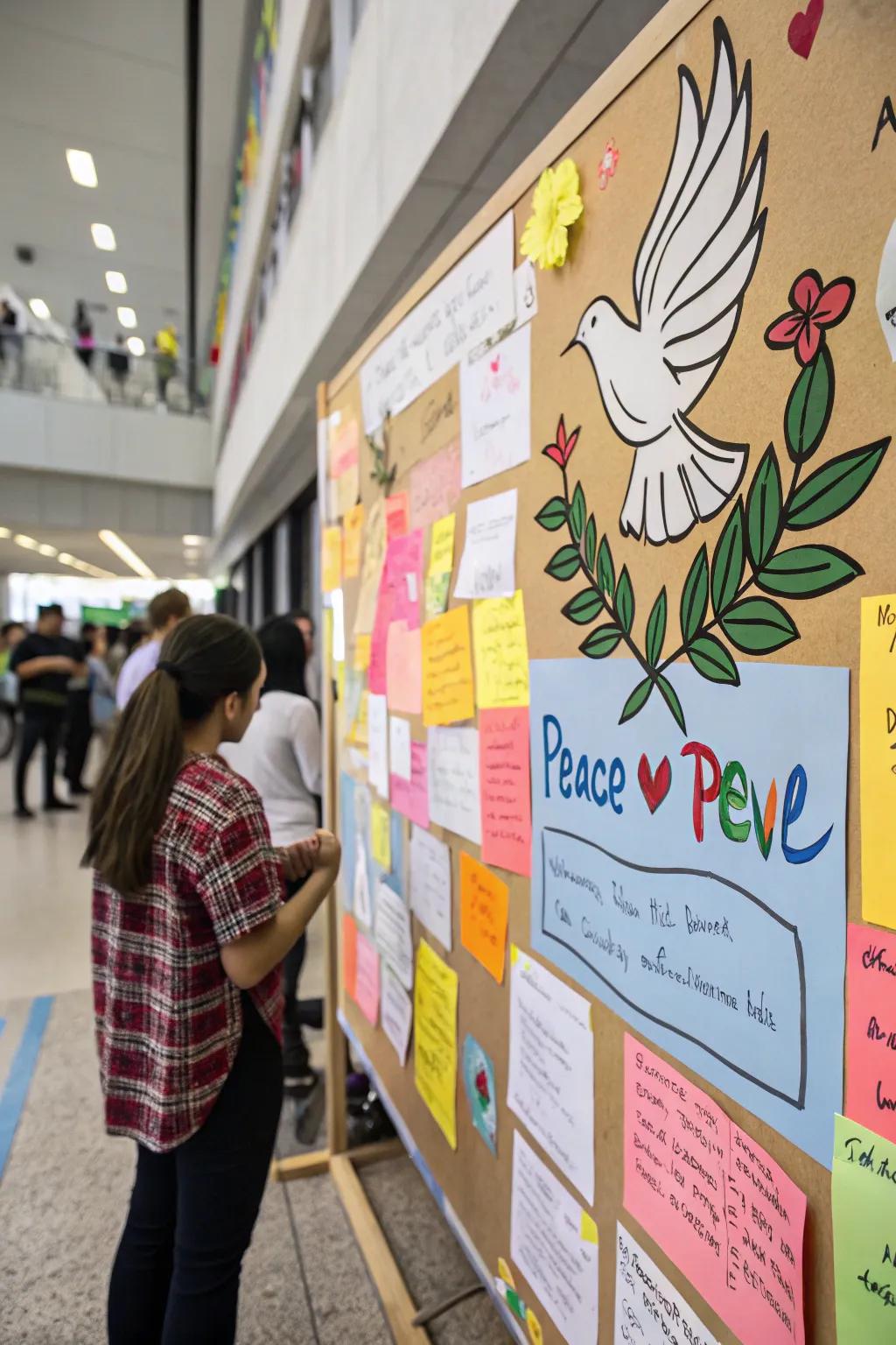 Symbols of peace and community highlighted on the board.