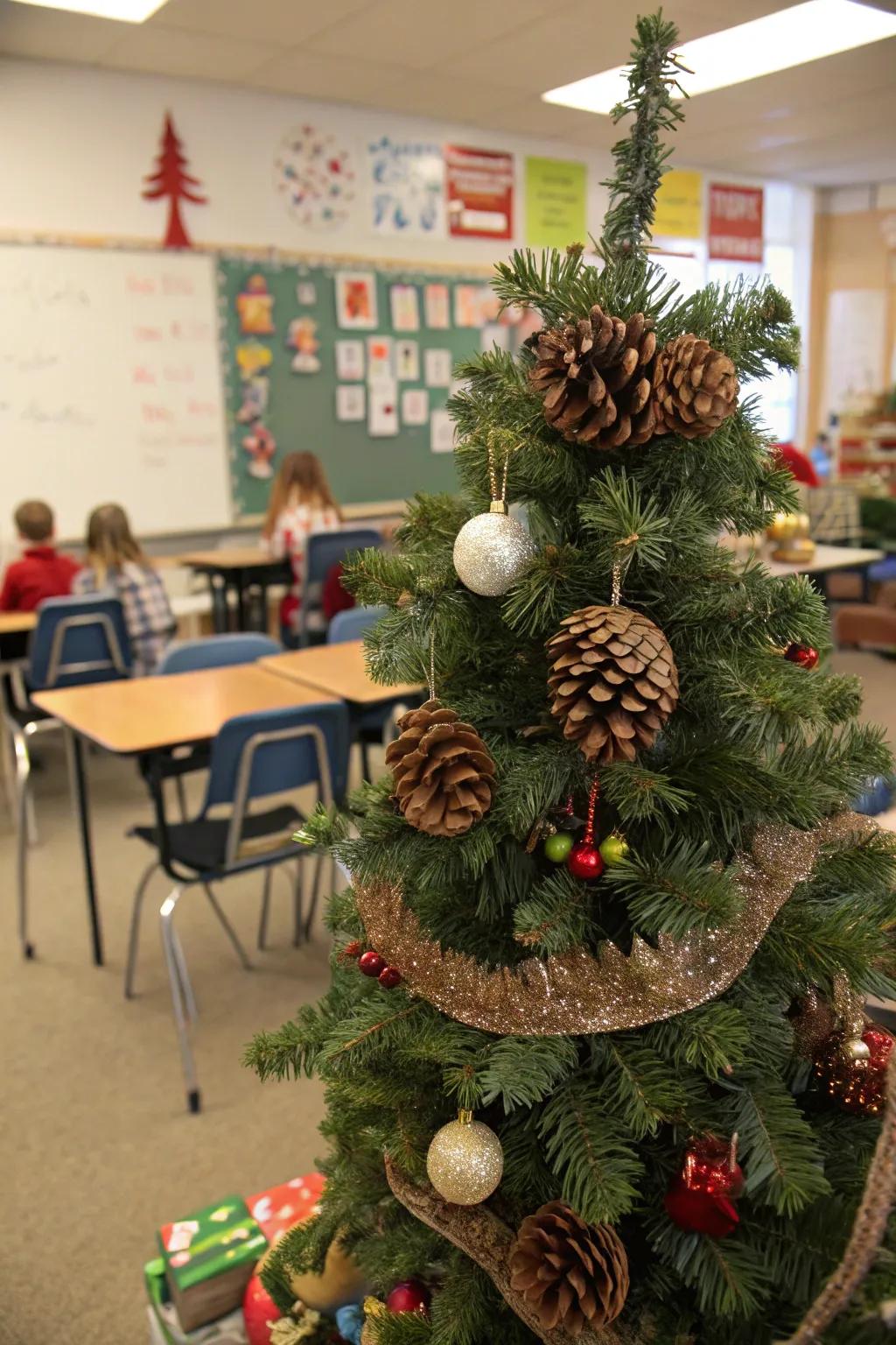 A nature-inspired Christmas tree with pine cones