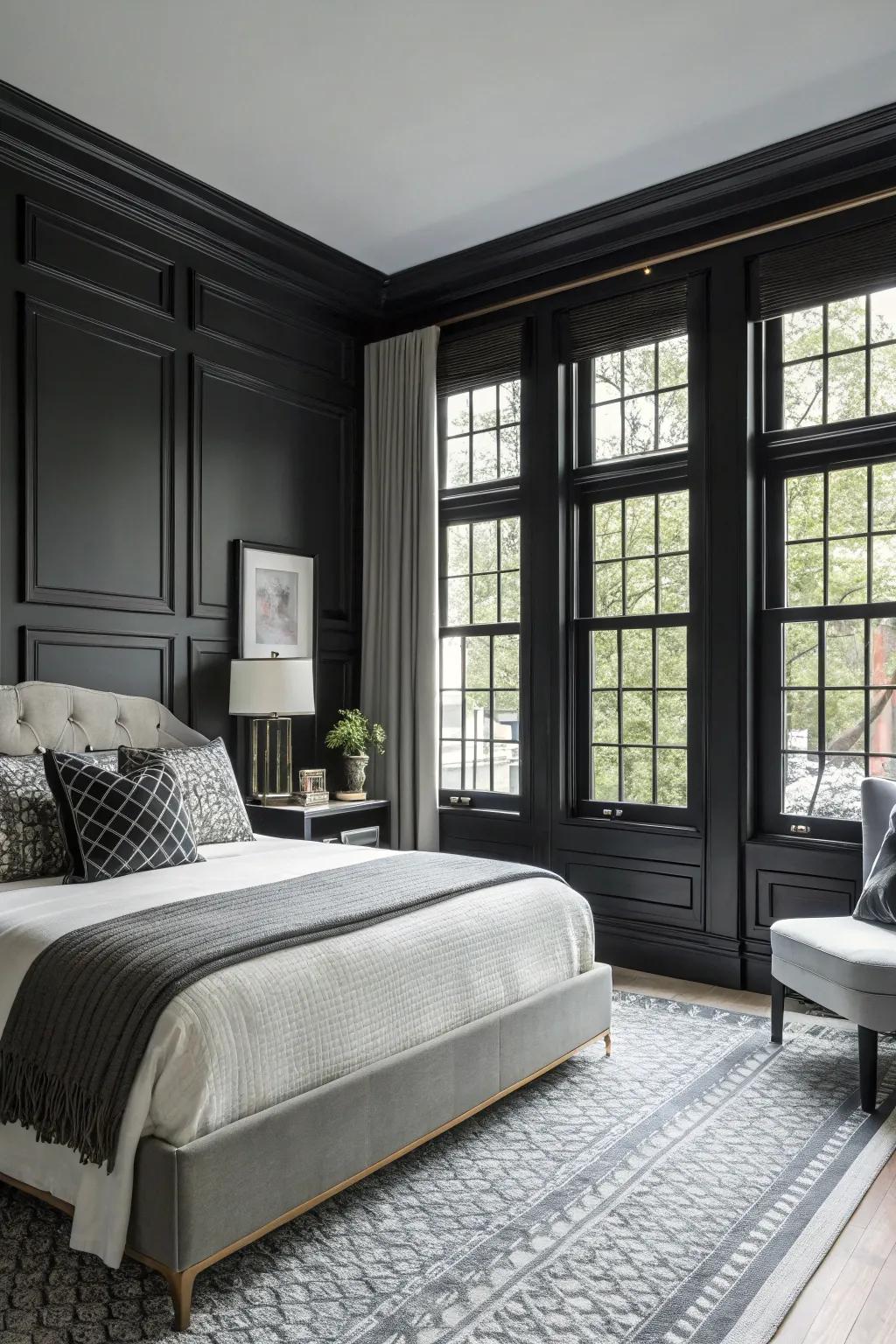 In this space, black window frames give a contemporary feel.