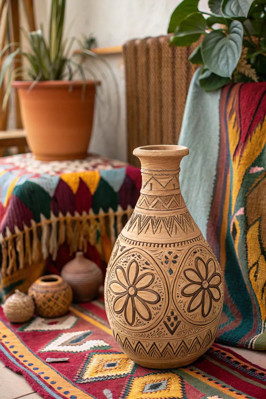 A bohemian-style dirt pot with free-structure designs adding imaginative pizazz.
