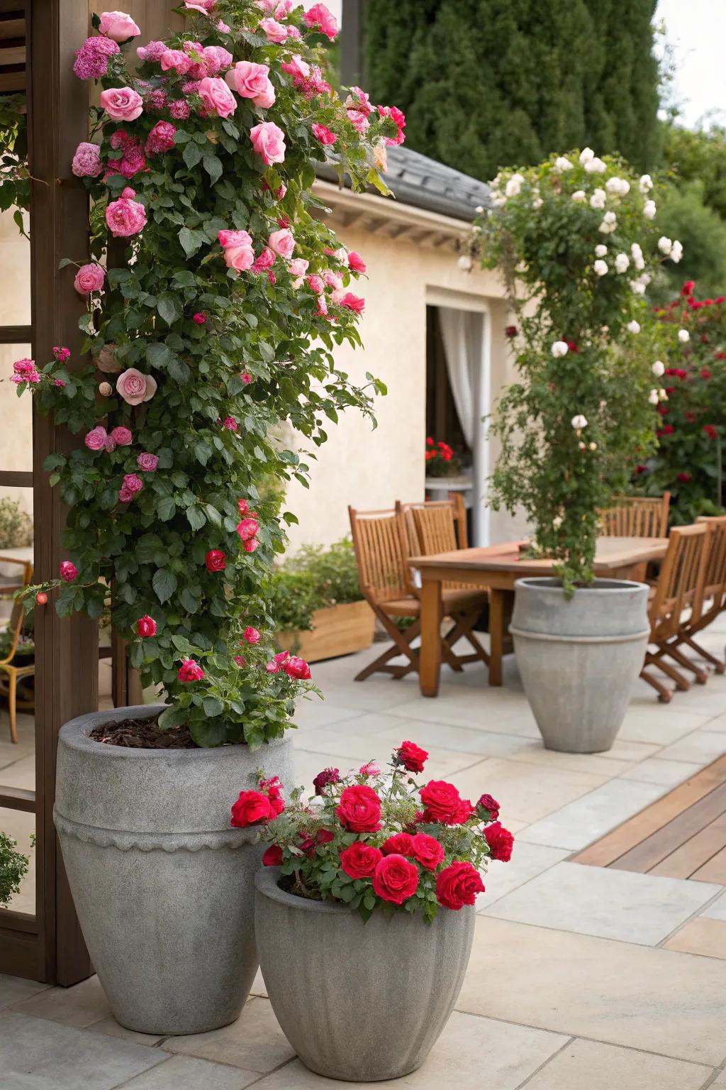 Introduce seasonal color to patios with vessels filled with climbing roses.