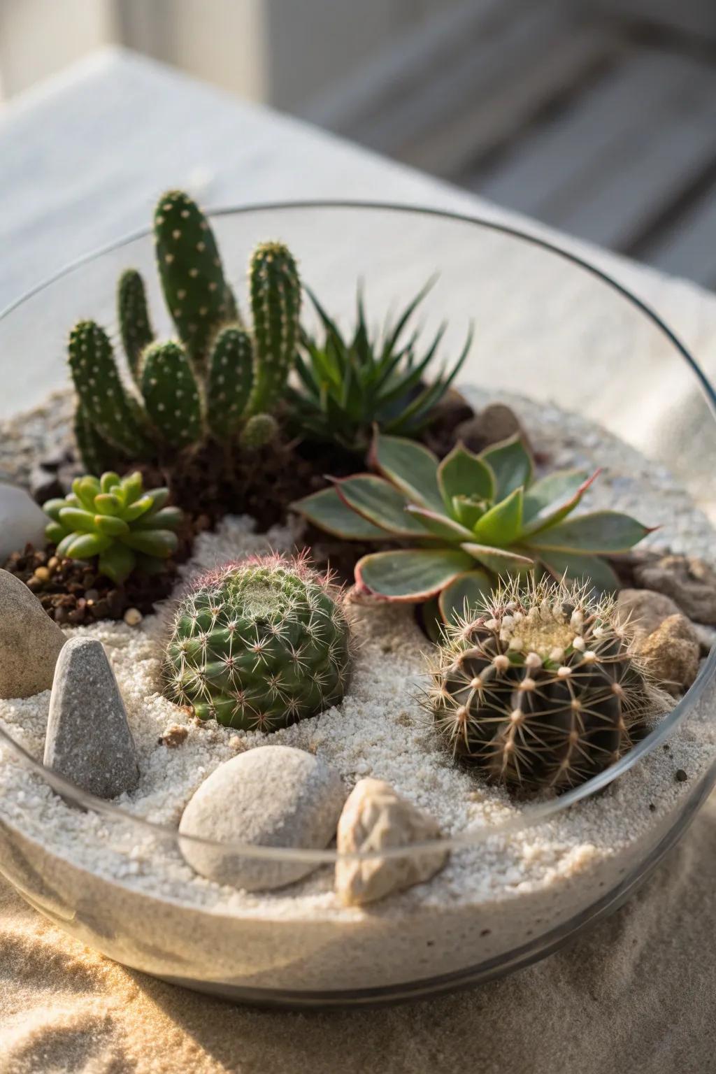 An arid bloom space terrarium, a distinctive variation on traditional arrangements.