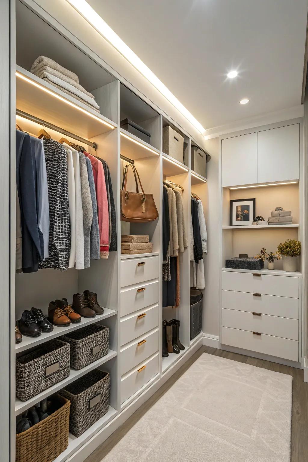 Adaptable shelving that adjusts to your changing wardrobe requirements.