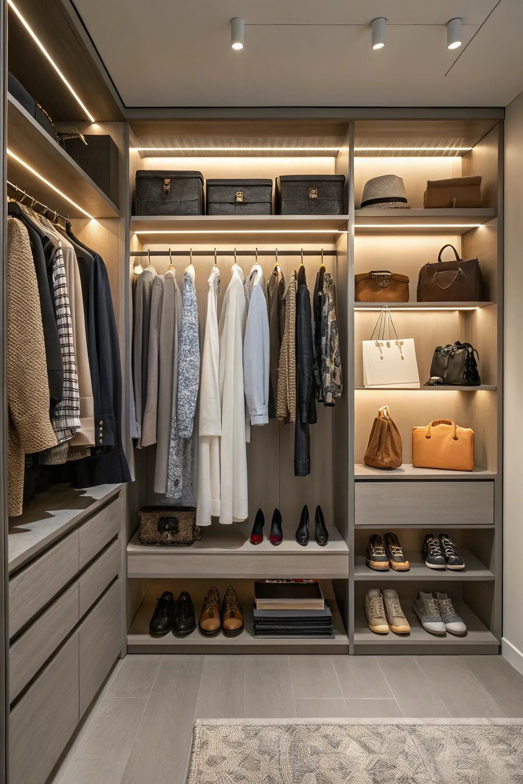 Integrated shelves and rods create flexible storage solutions.