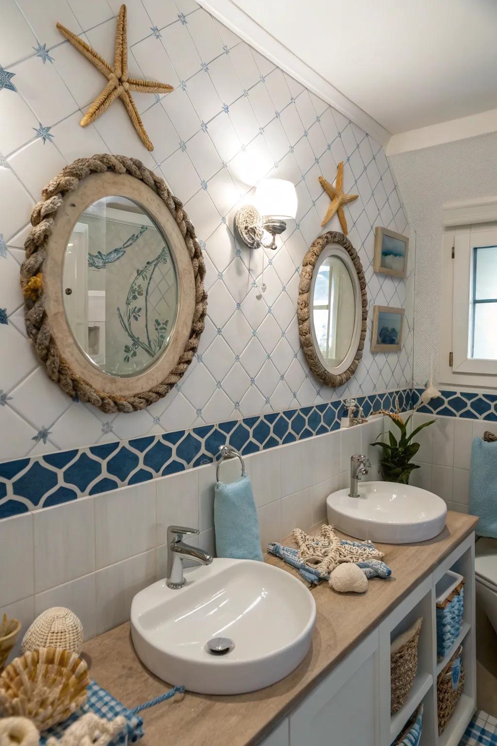 Maritime mirrors add a practical and whimsical accent.