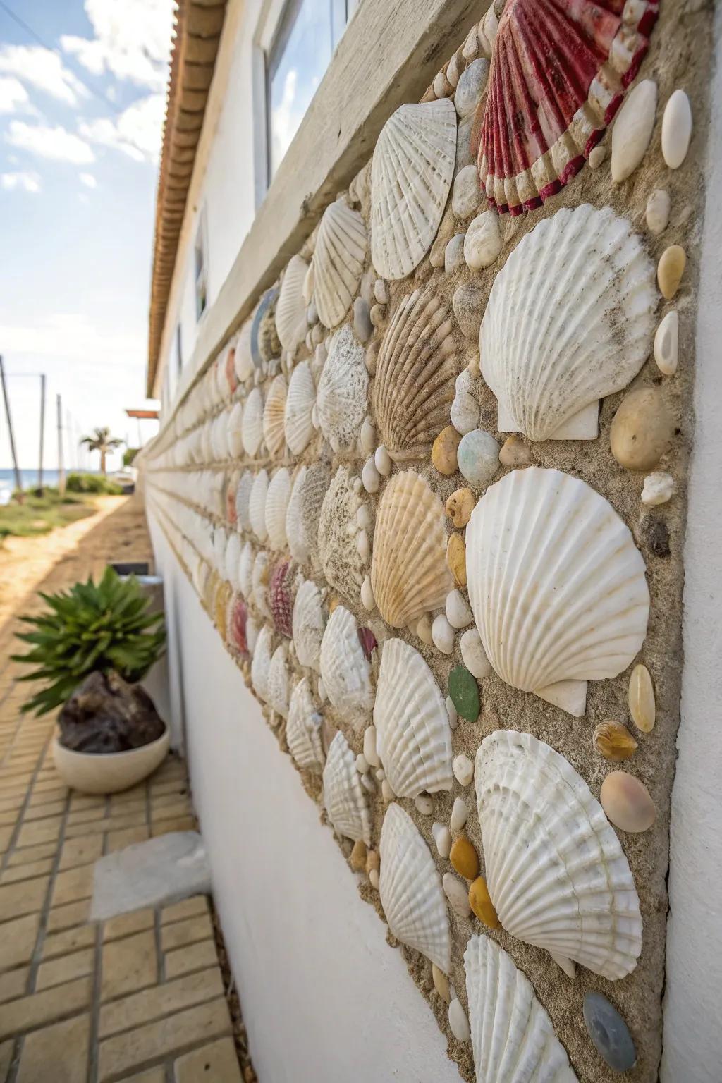 A seashell artwork adding a personal touch to coastal decor.