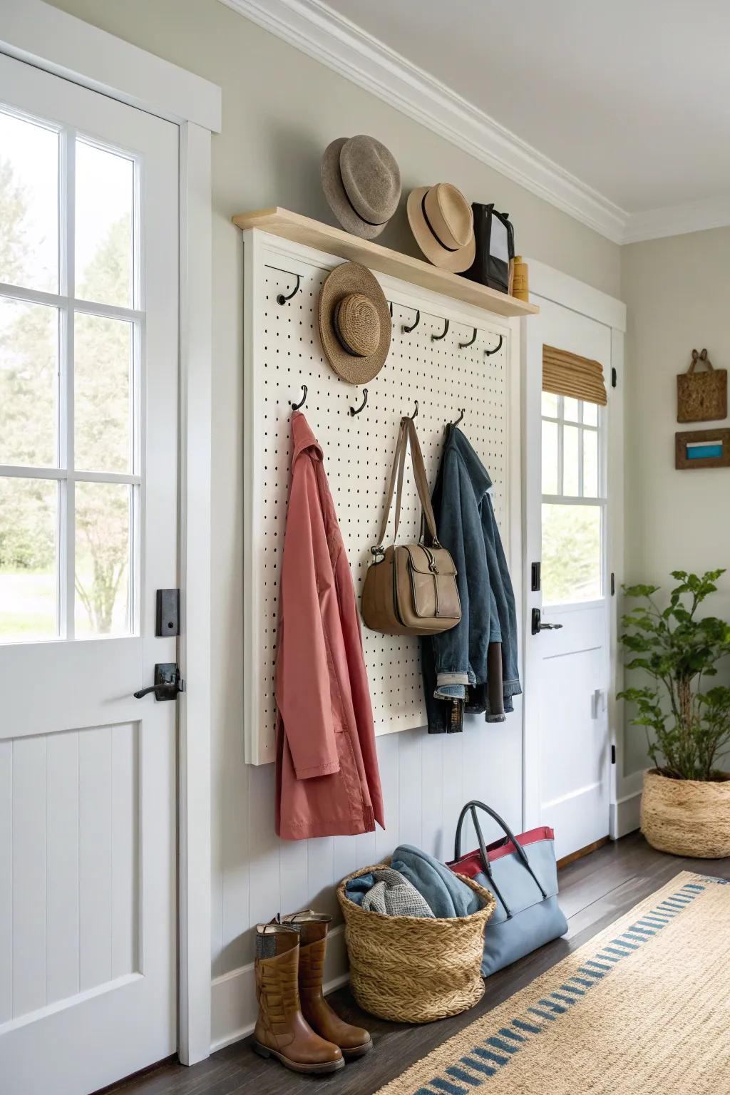 A perforated board coat rack extending customizable stowing possibilities for a dynamic entryway.