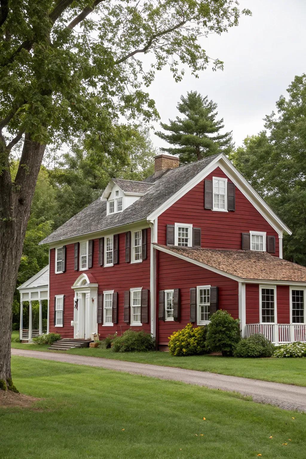 A colonial house radiating warmth with its bold barn crimson facade.