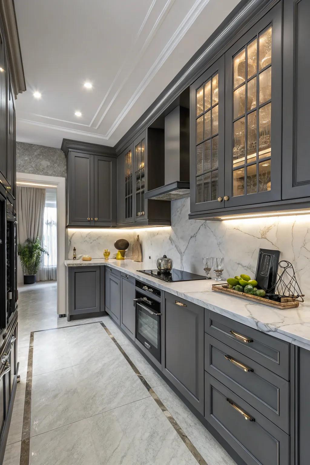 Dark cabinets set against trendy grey shades for an elegant and modern kitchen visual.