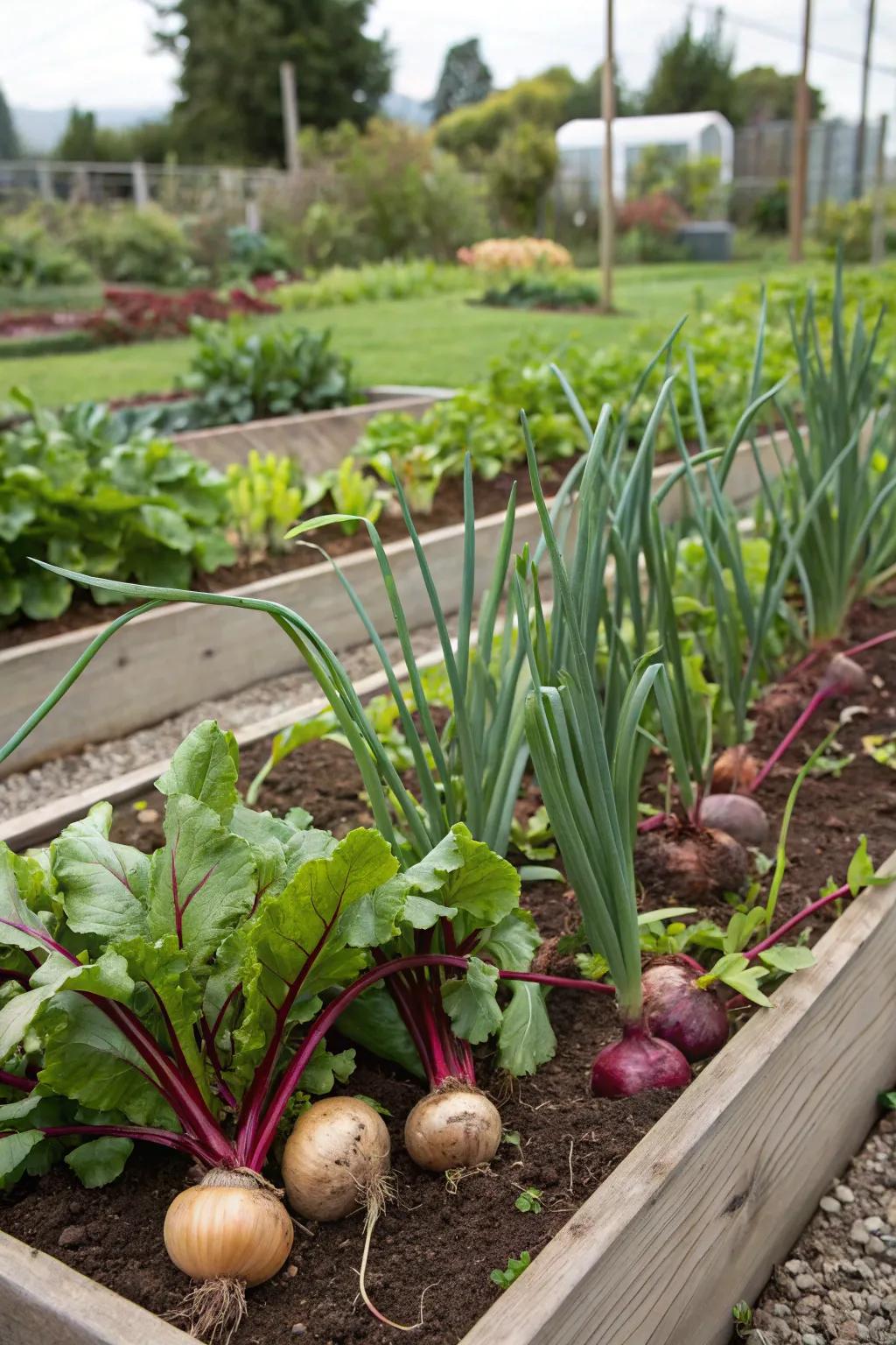 Bulbs and blood turnips, a vibrant and cooperative garden duo.