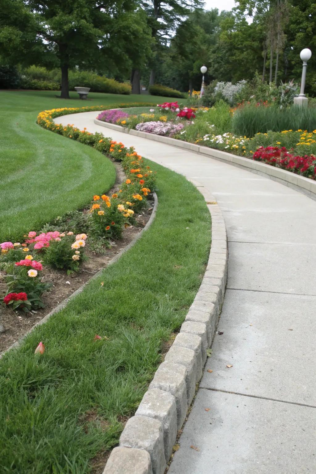 Concrete edging neatly divides garden sections.