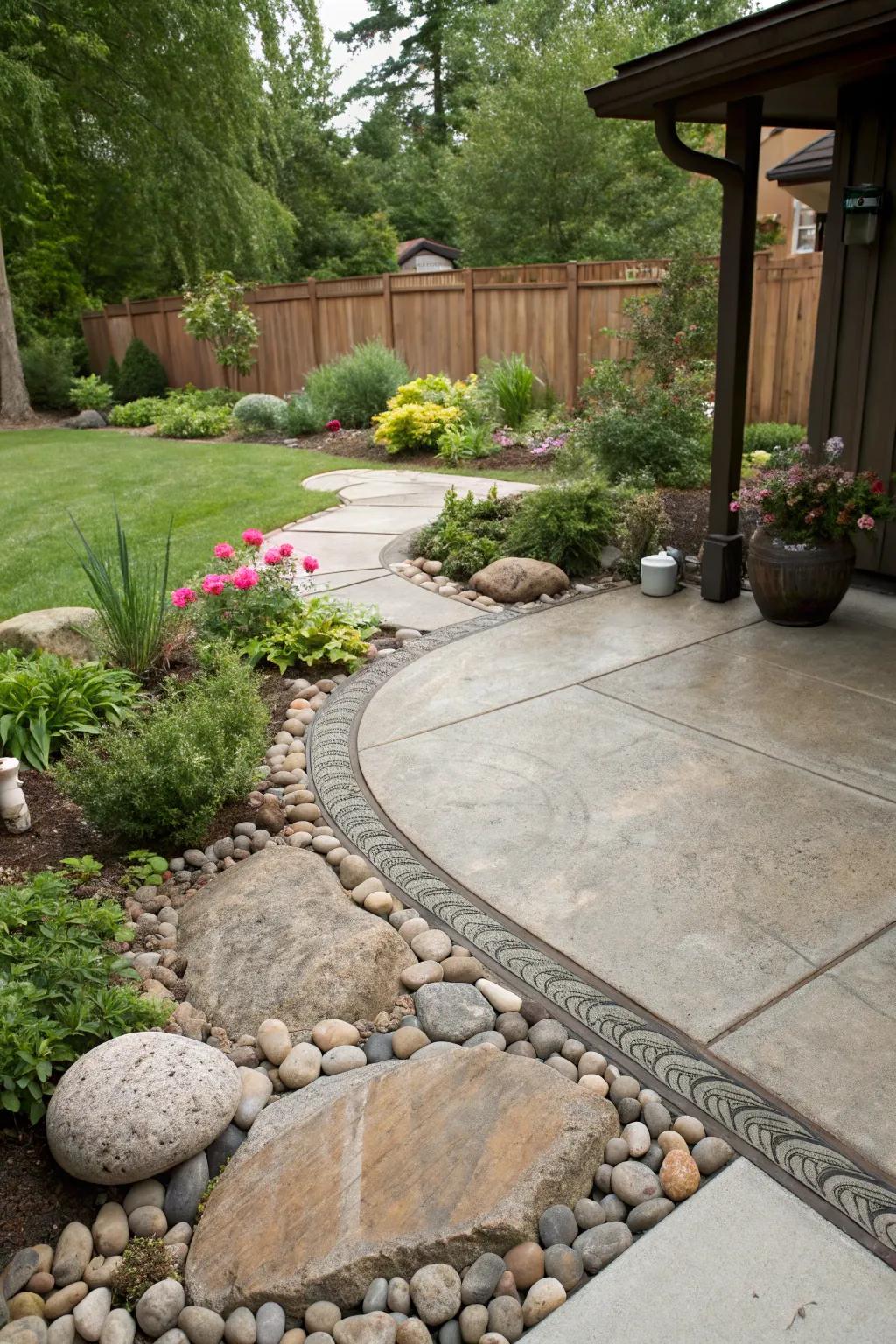 Harmonious borders integrate the patio with its natural surroundings.