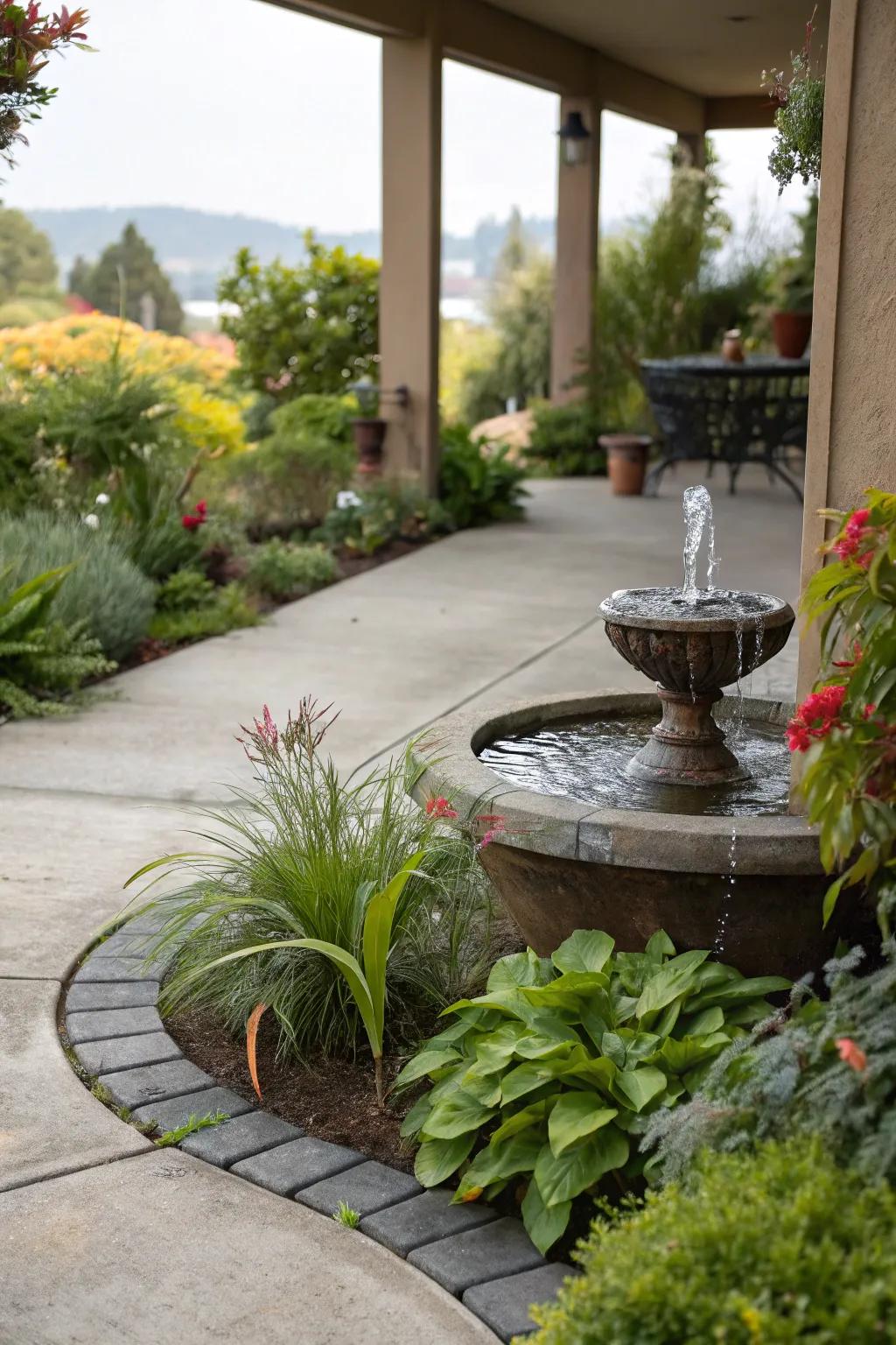 Water features add peace to your patio design.