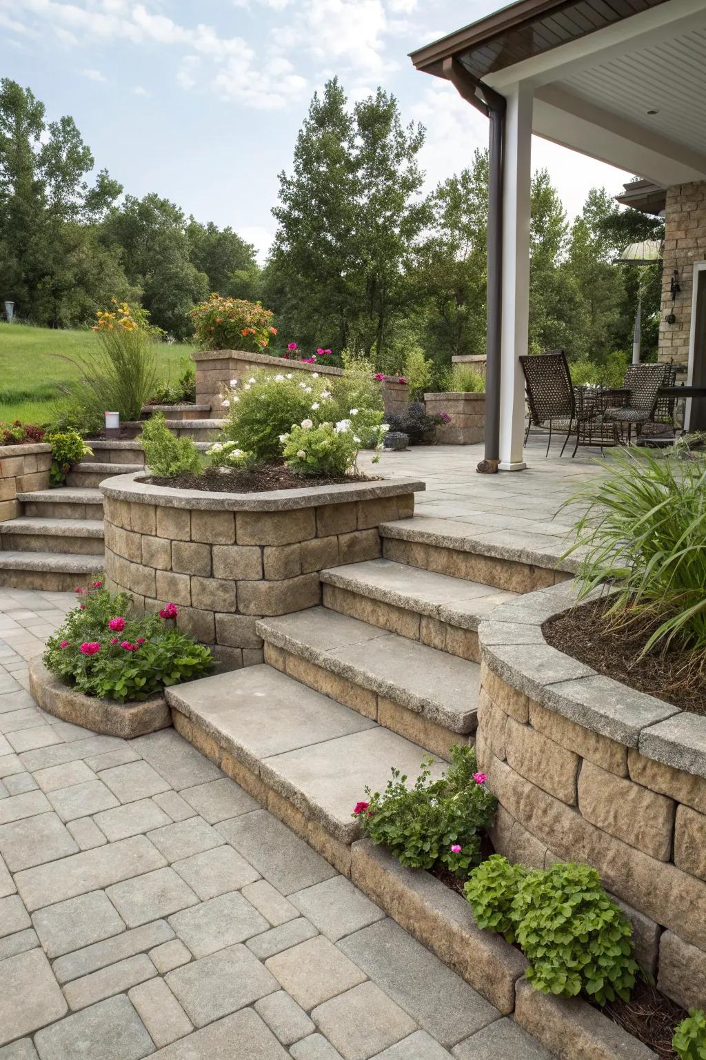 Introduce depth with a multi-tiered patio design.