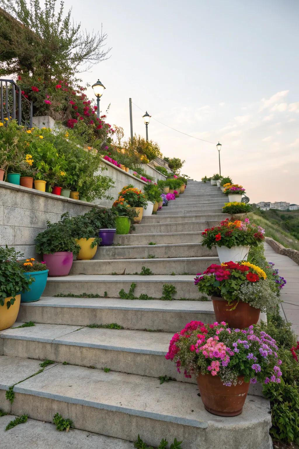 Planters bring life and color to concrete steps.