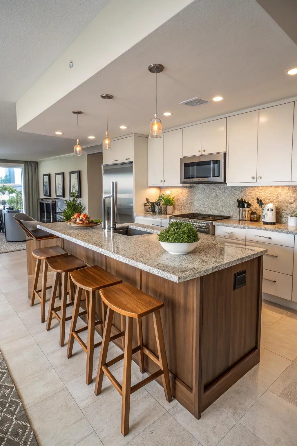 A functional island provides additional preparation space and seating.